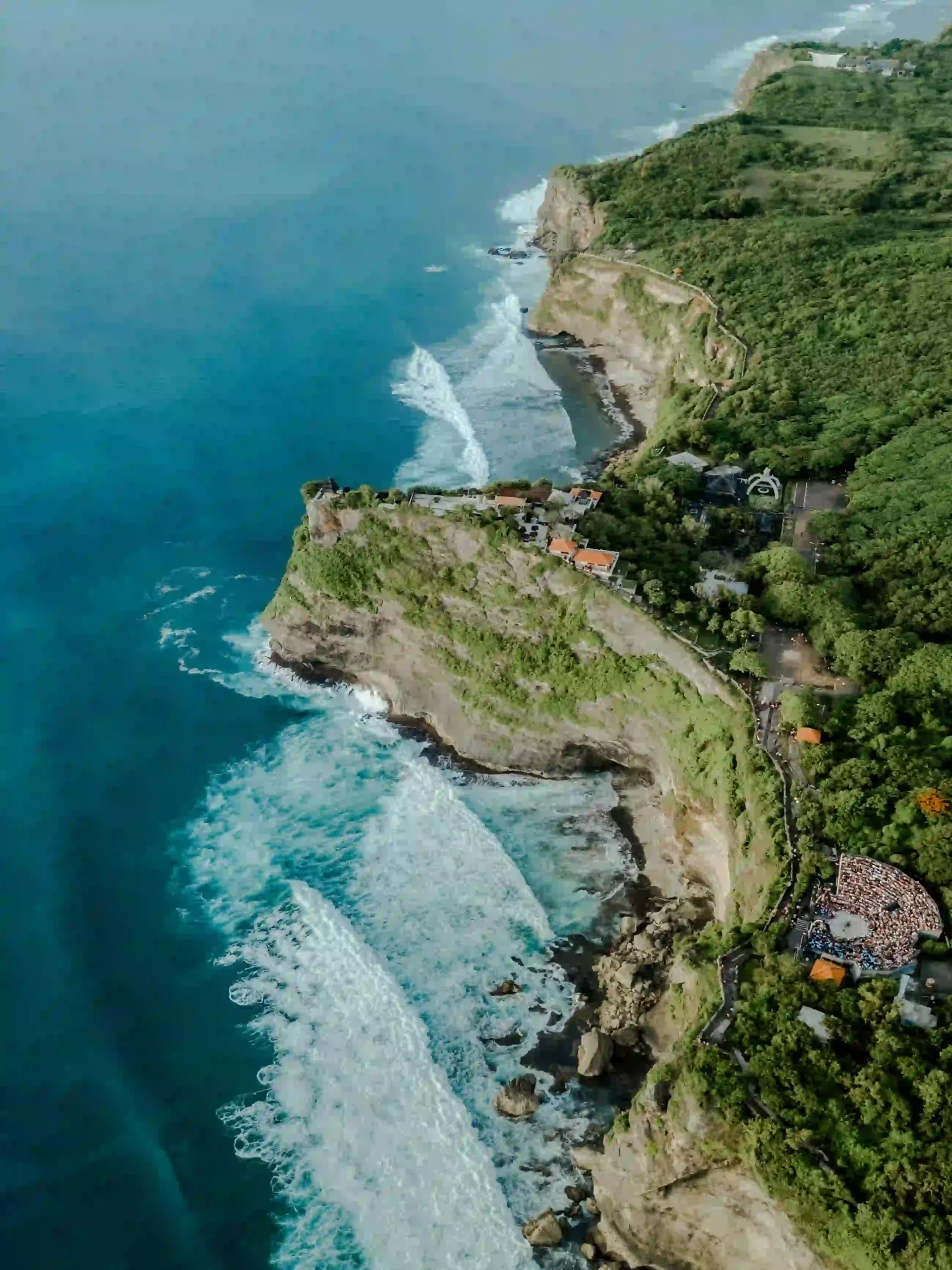 Uluwatu temple cliffs aerial view from helicopter